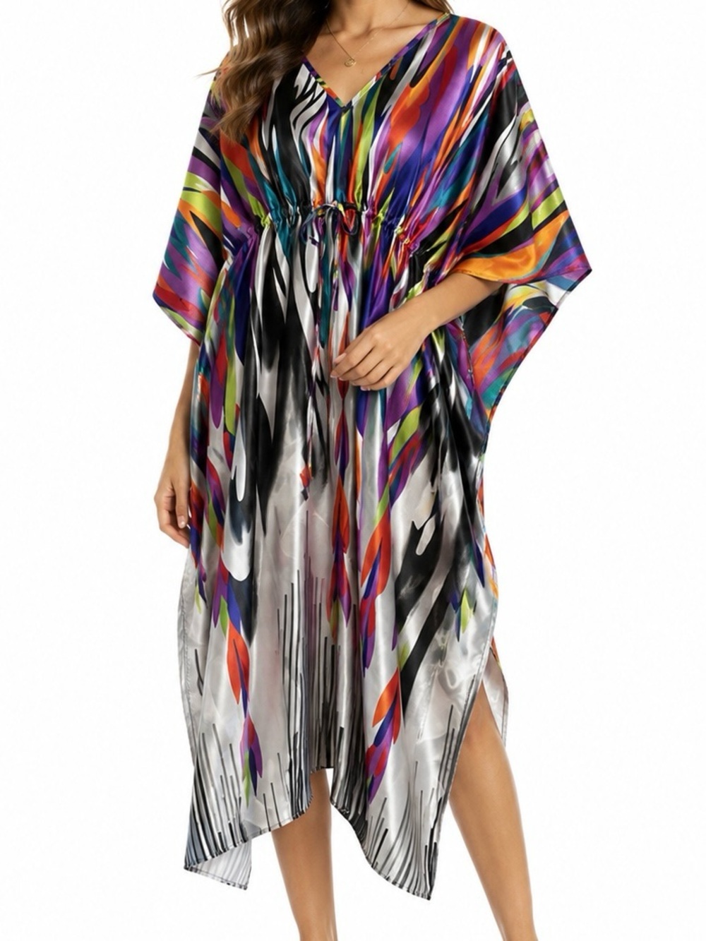 Winlar One Size Multicolor Satin Kaftan Cover Up Drawstring Caftan Dress